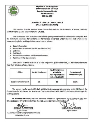 Certification of Compliance – Statement of Assets, Liabilities and Net Worth (SALN Submission / Filing) CY 2016