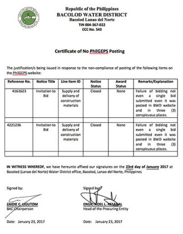 Certification of Compliance PhilGEPS Posting 2016