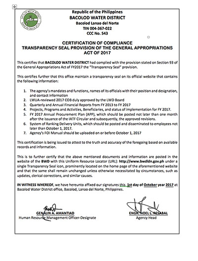 Certification of Compliance with the Transparency Seal Provision of the General Appropriations Act CY 2017
