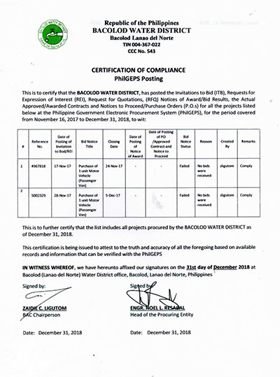 Certification of Compliance PhilGEPS Posting CY 2018