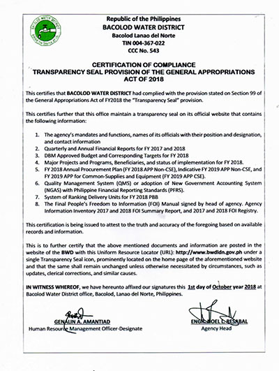 Certification of Compliance Transparency Seal CY 2018