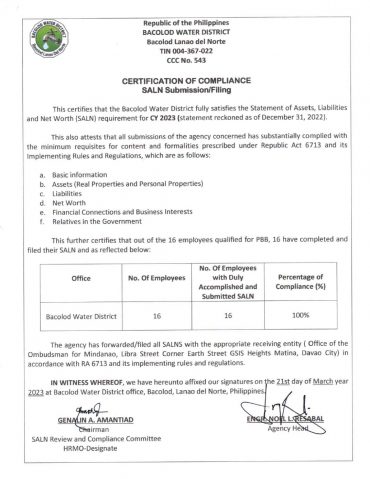 Certification of Compliance- Statement of Assets, Liabilities and Net Worth (SALN Submission/Filling) CY 2023